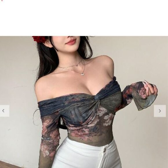 Dazy Women's Off-Shoulder Floral Print Mesh Sleeve Top Summer Sheer size S slim - Picture 1 of 4